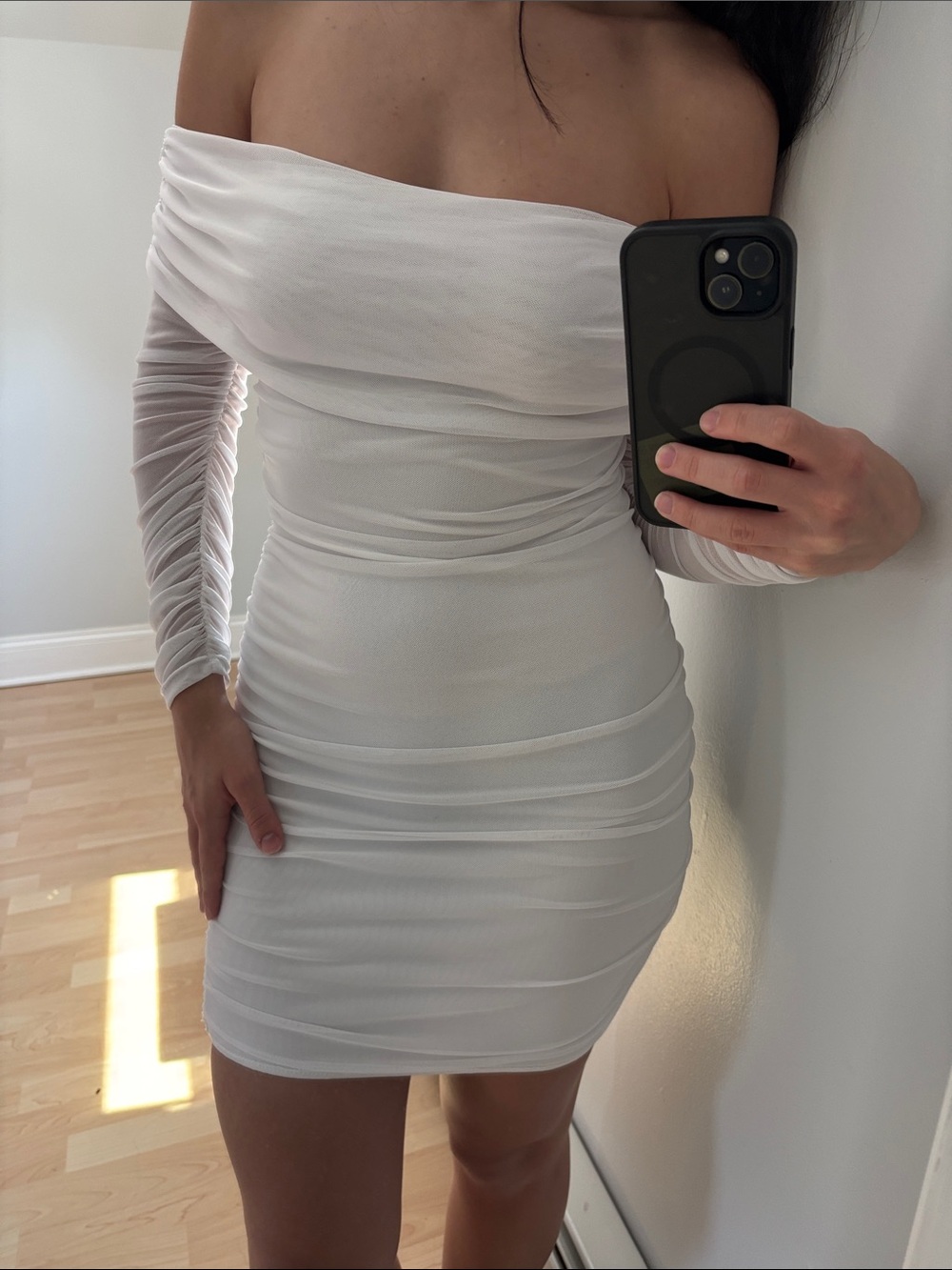 Oh Polly White Draped Off-Shoulder Ruched Dress